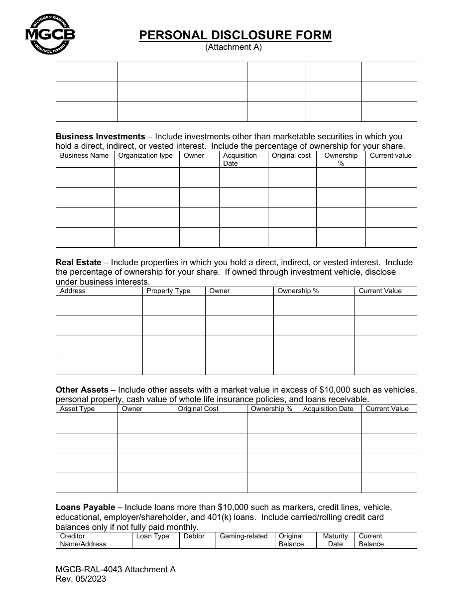 Form MGCB-RAL-4043 Attachment A Personal Disclosure Form - Michigan, Page 4