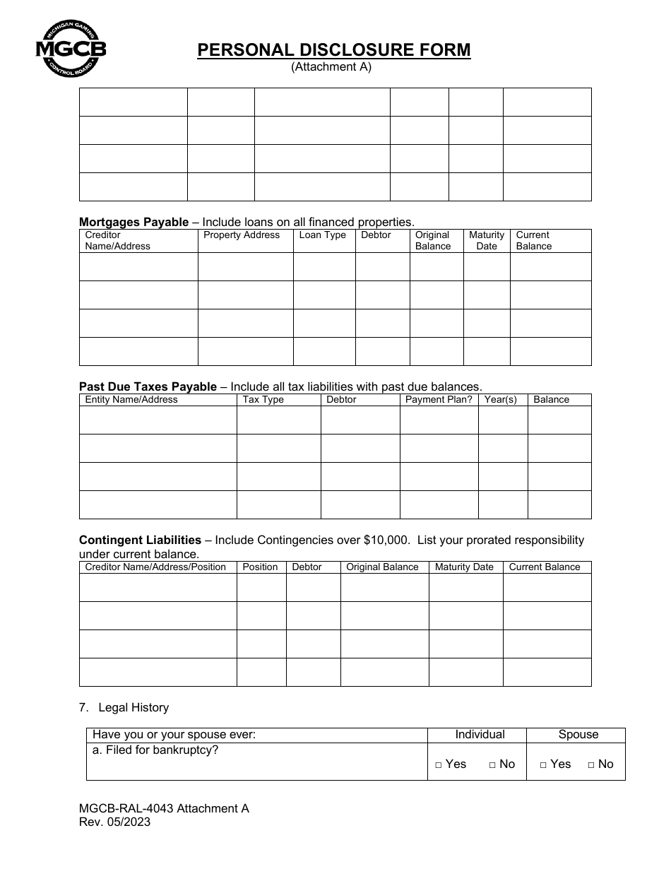 Form MGCB-RAL-4043 Attachment A Personal Disclosure Form - Michigan, Page 5