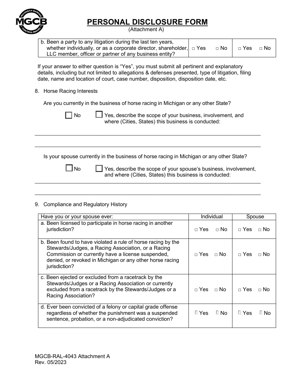 Form MGCB-RAL-4043 Attachment A Personal Disclosure Form - Michigan, Page 6
