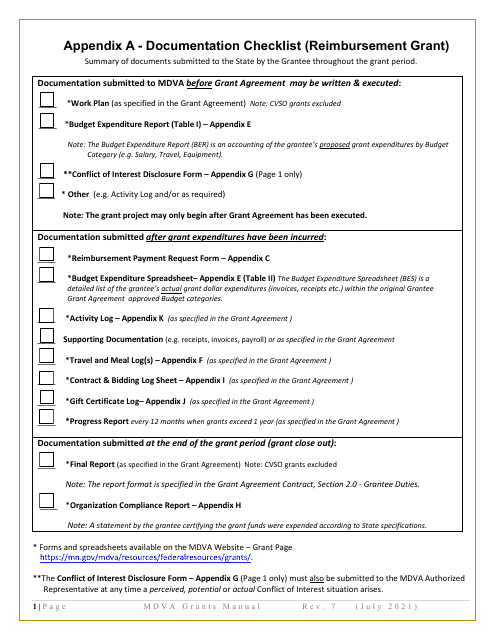 Appendix A Documentation Checklist (Reimbursement Grant) - Minnesota