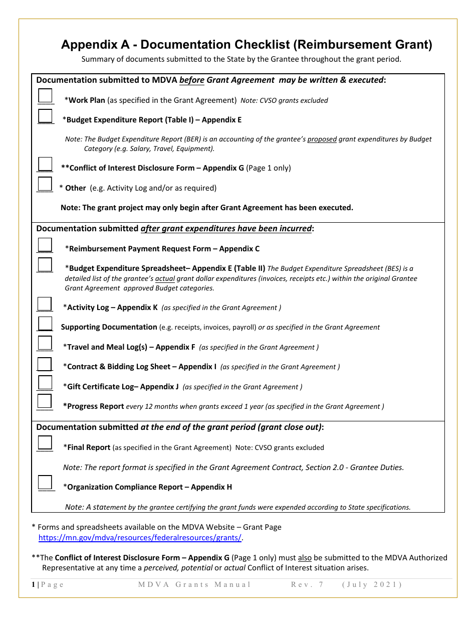 Appendix A Documentation Checklist (Reimbursement Grant) - Minnesota, Page 1