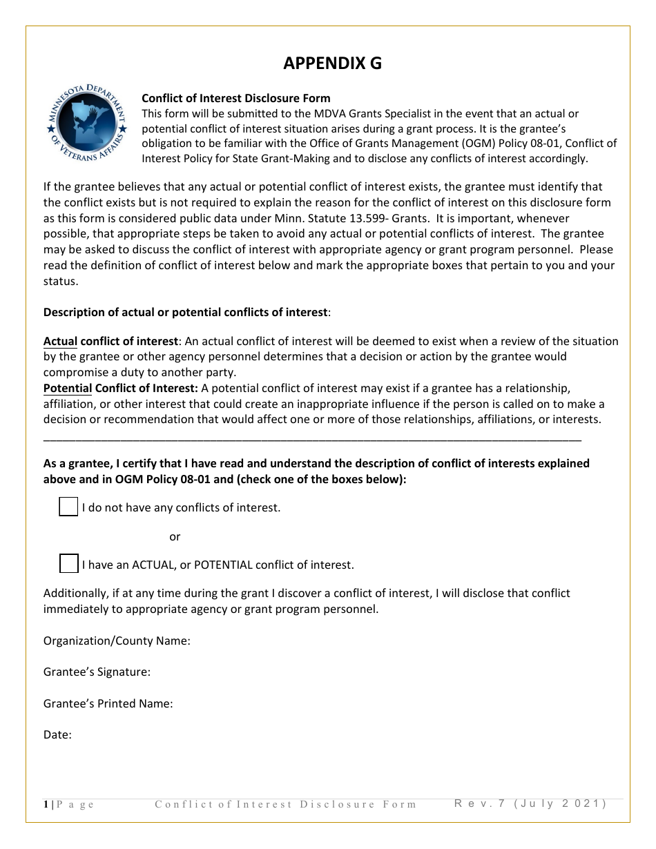 Appendix G Conflict of Interest Disclosure Form - Minnesota, Page 1