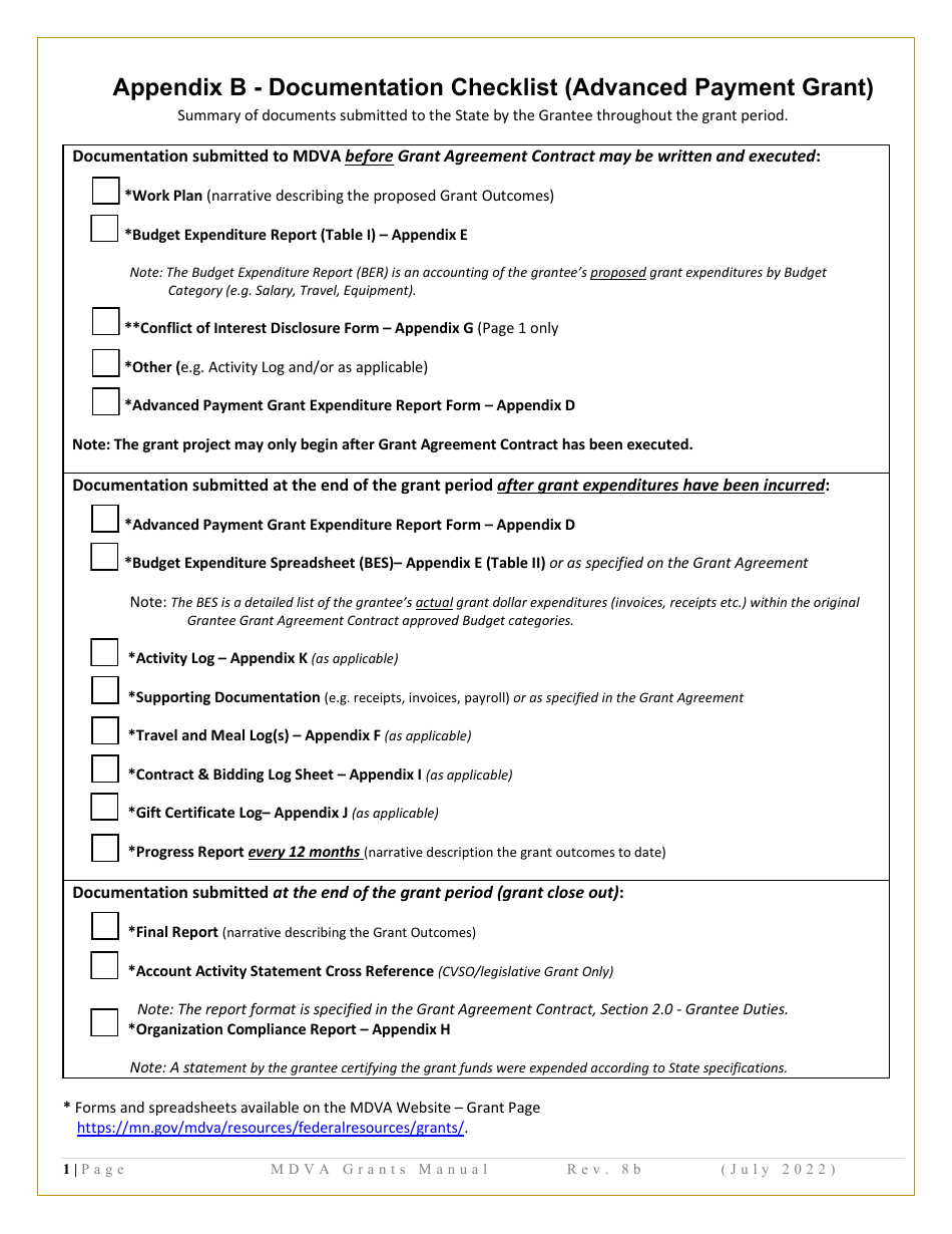 Appendix B Documentation Checklist (Advanced Payment Grant) - Minnesota, Page 1