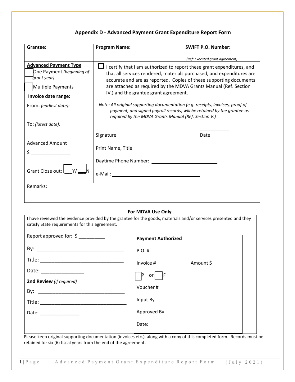 Appendix D Advanced Payment Grant Expenditure Report Form - Minnesota, Page 1