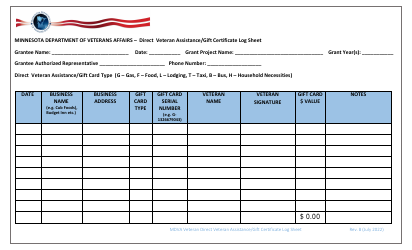 Document preview: Direct Veteran Assistance/Gift Certificate Log Sheet - Minnesota