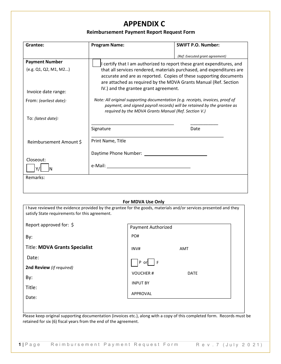 Appendix C Reimbursement Payment Report Request Form - Minnesota, Page 1