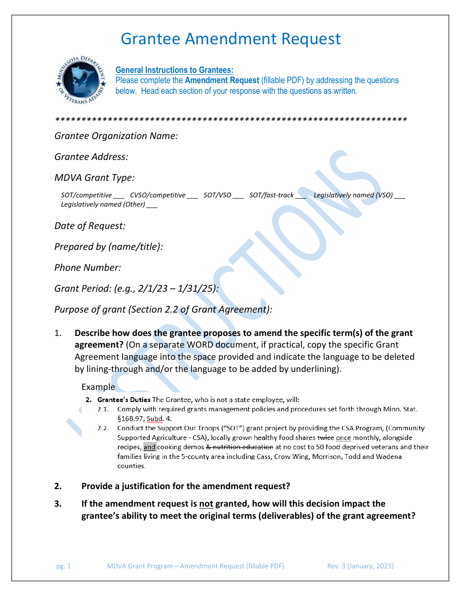 Instructions for Grantee Amendment Request - Minnesota, Page 1