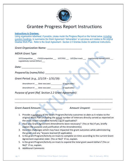 Instructions for Grantee Progress Report - Minnesota Download Pdf