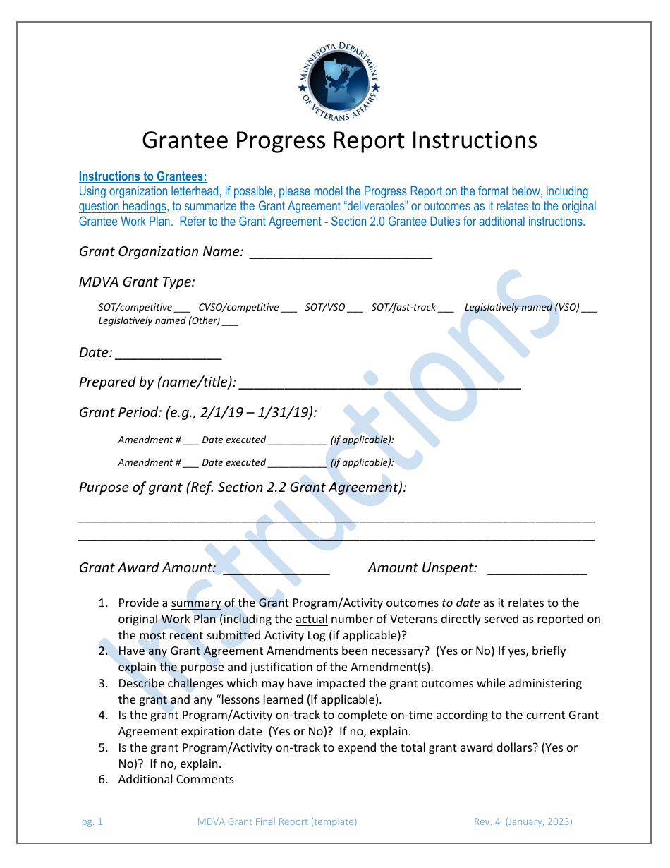 Instructions for Grantee Progress Report - Minnesota, Page 1