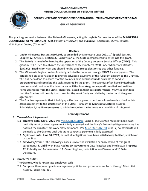 Grant Agreement (Mn Counties Only) - County Veterans Service Office Operational Enhancement Grant Program - Minnesota Download Pdf