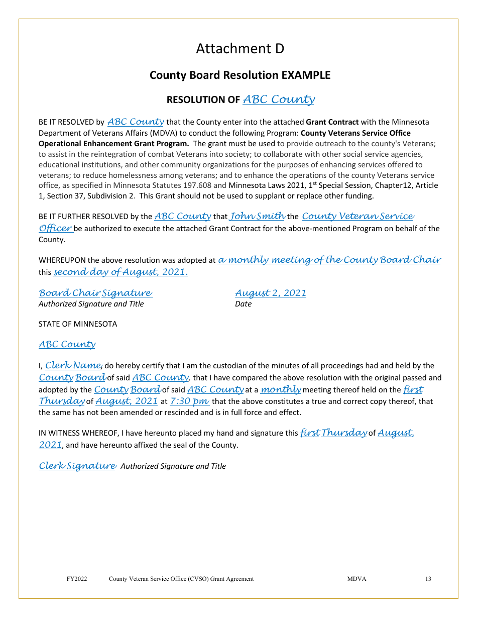 Grant Agreement (Mn Counties Only) - County Veterans Service Office Operational Enhancement Grant Program - Minnesota, Page 13