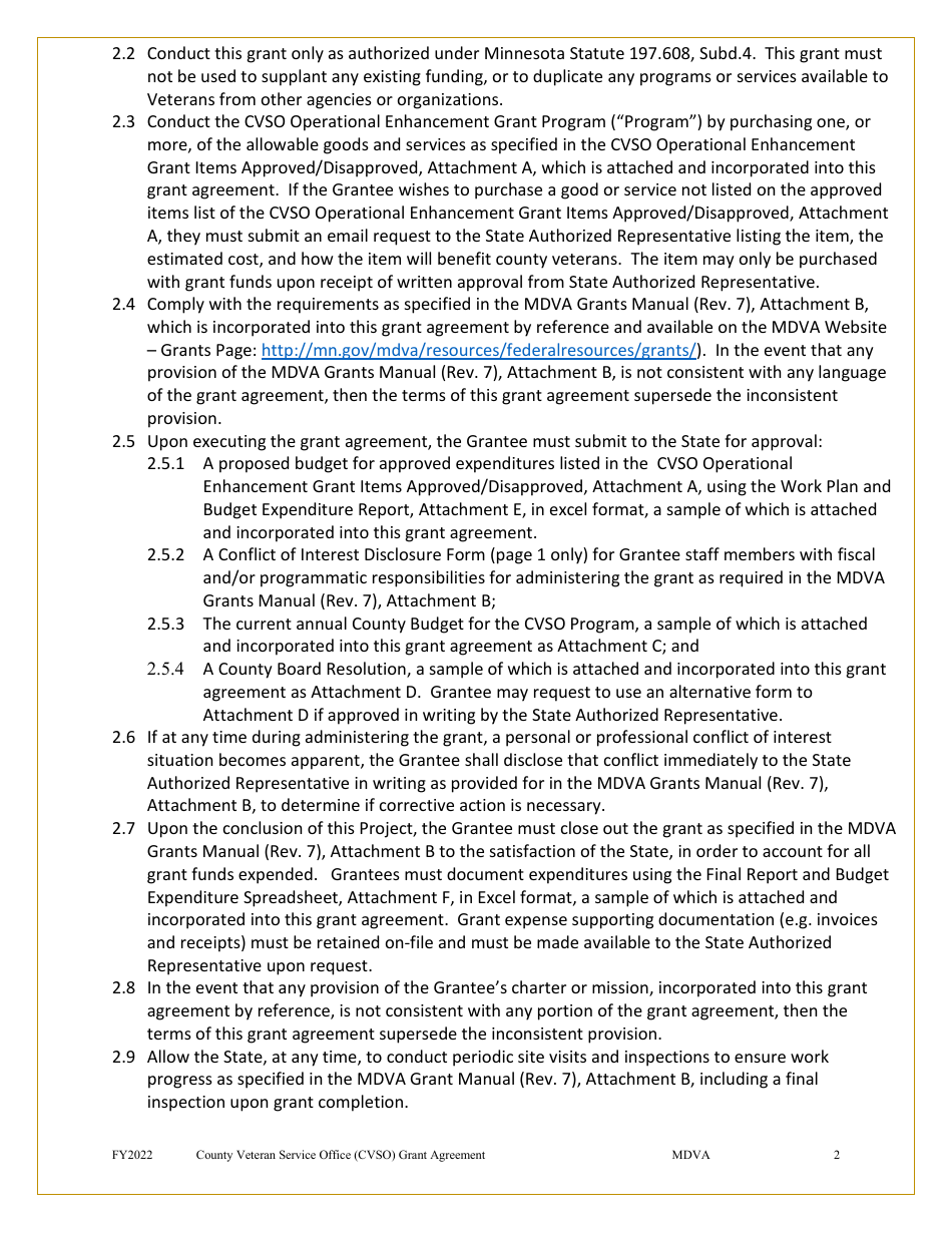 Grant Agreement (Mn Counties Only) - County Veterans Service Office Operational Enhancement Grant Program - Minnesota, Page 2