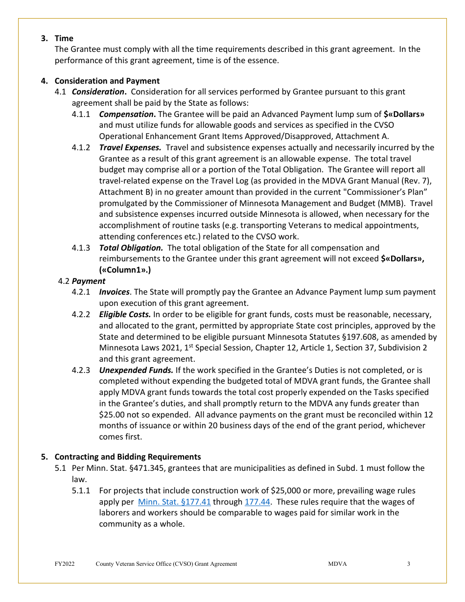 Grant Agreement (Mn Counties Only) - County Veterans Service Office Operational Enhancement Grant Program - Minnesota, Page 3