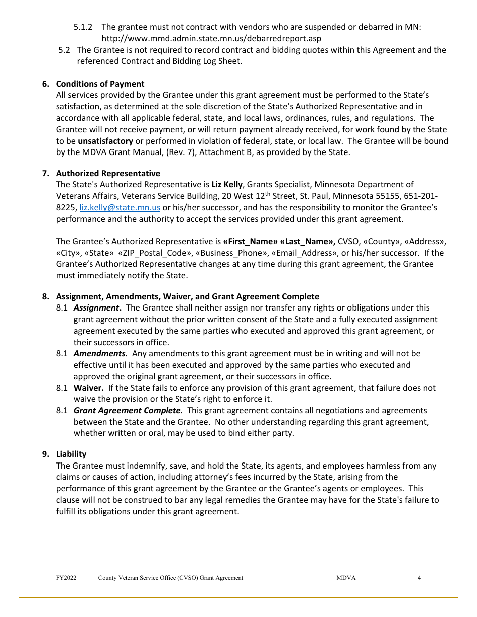 Grant Agreement (Mn Counties Only) - County Veterans Service Office Operational Enhancement Grant Program - Minnesota, Page 4