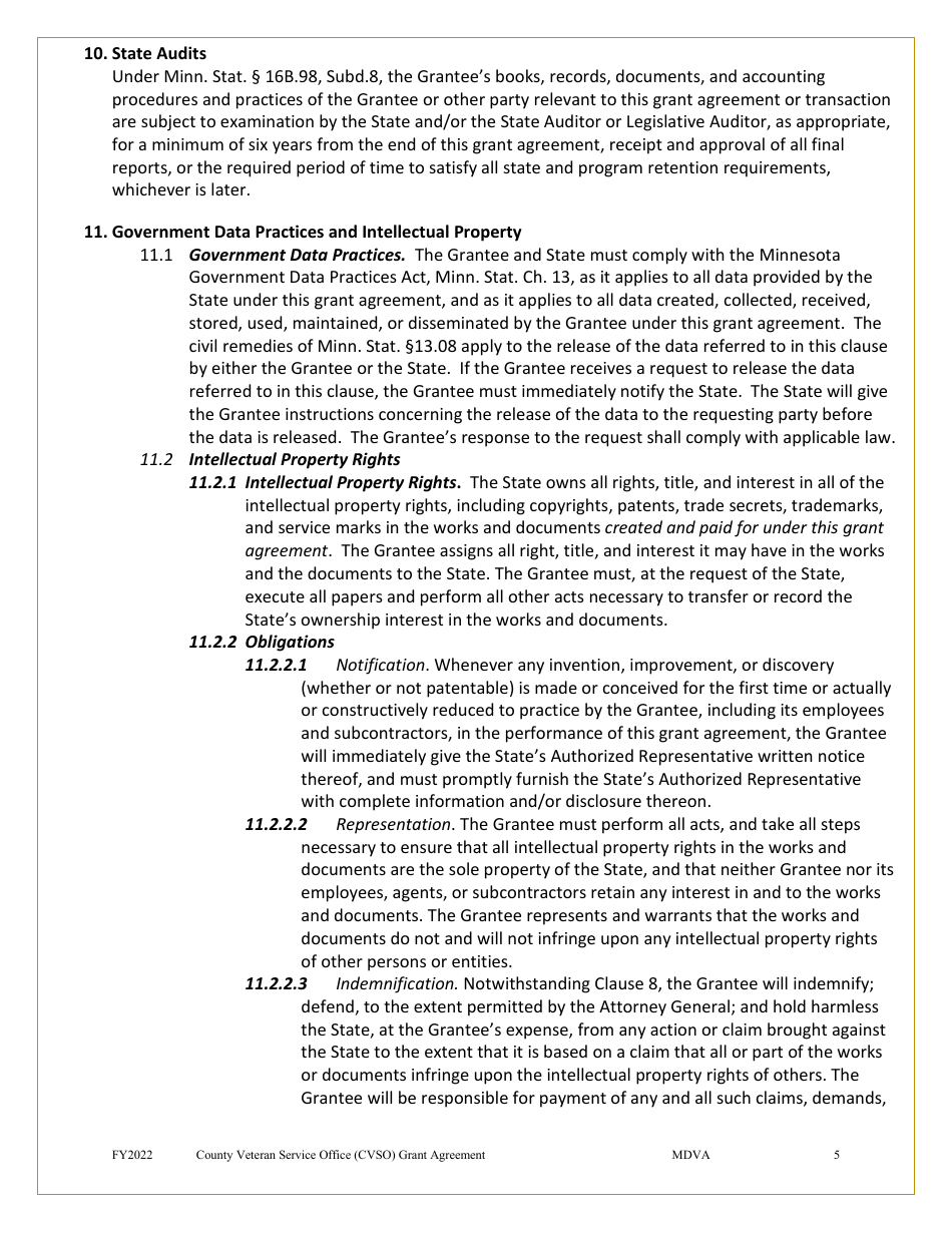 Grant Agreement (Mn Counties Only) - County Veterans Service Office Operational Enhancement Grant Program - Minnesota, Page 5
