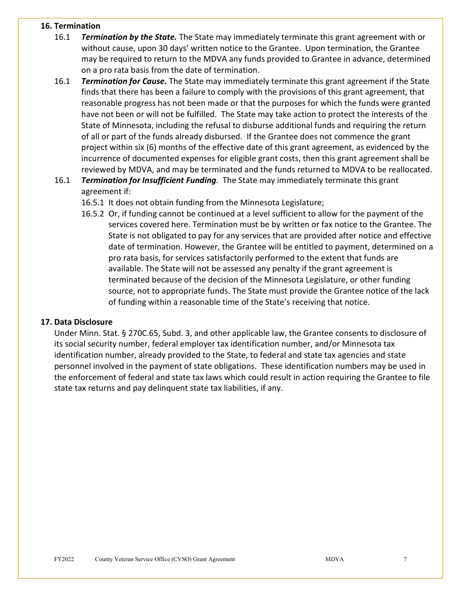 Grant Agreement (Mn Counties Only) - County Veterans Service Office Operational Enhancement Grant Program - Minnesota, Page 7