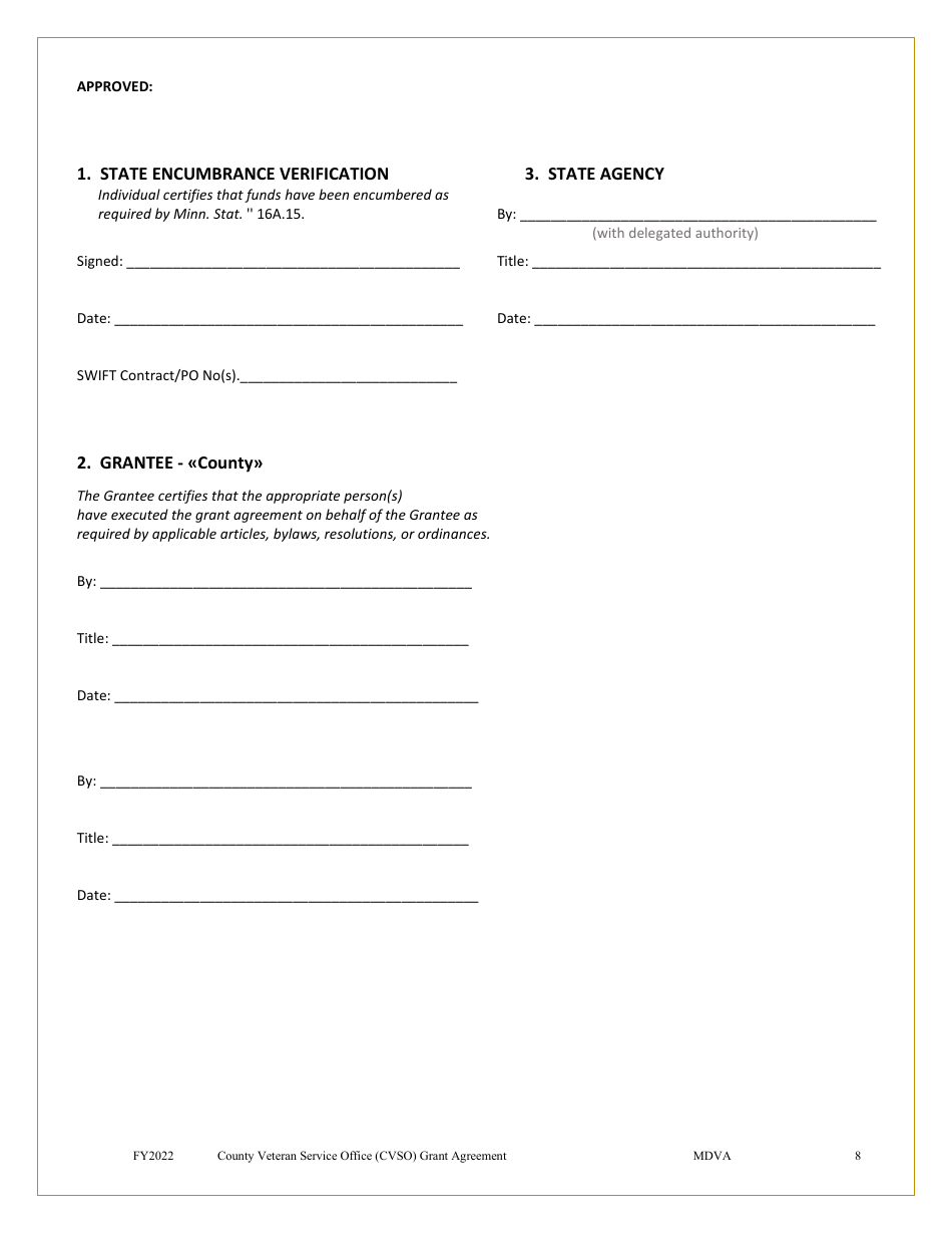 Grant Agreement (Mn Counties Only) - County Veterans Service Office Operational Enhancement Grant Program - Minnesota, Page 8