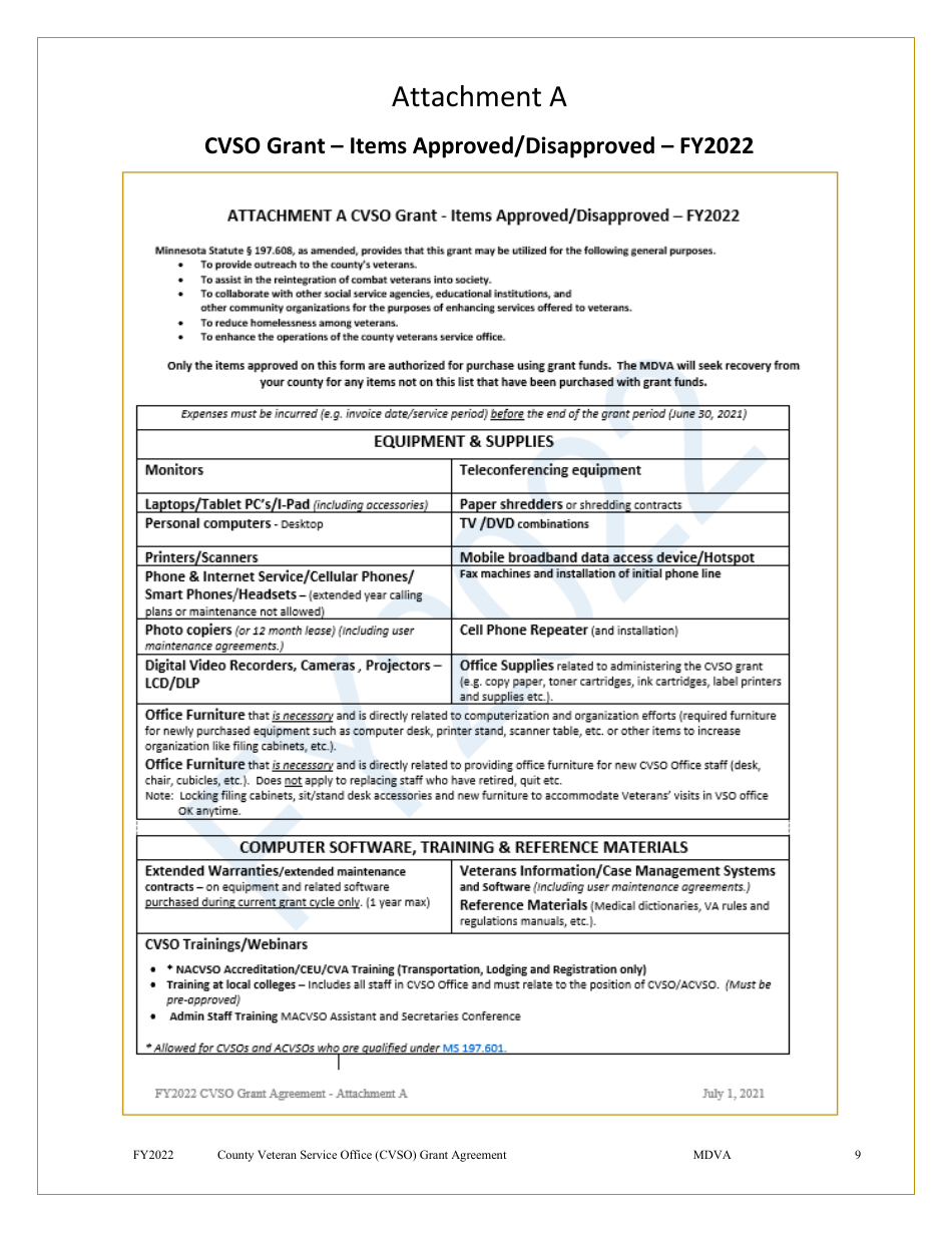 Grant Agreement (Mn Counties Only) - County Veterans Service Office Operational Enhancement Grant Program - Minnesota, Page 9