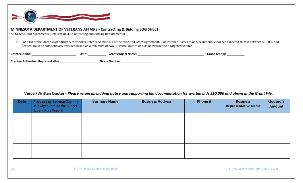 Contracting & Bidding Log Sheet - Minnesota Download Pdf