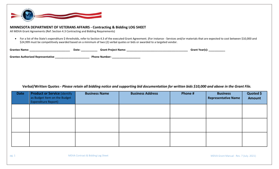 Contracting  Bidding Log Sheet - Minnesota, Page 1