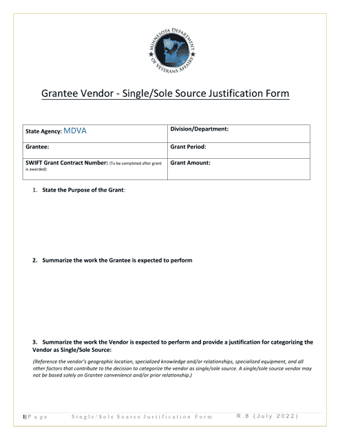 Grantee Vendor - Single / Sole Source Justification Form - Minnesota Download Pdf