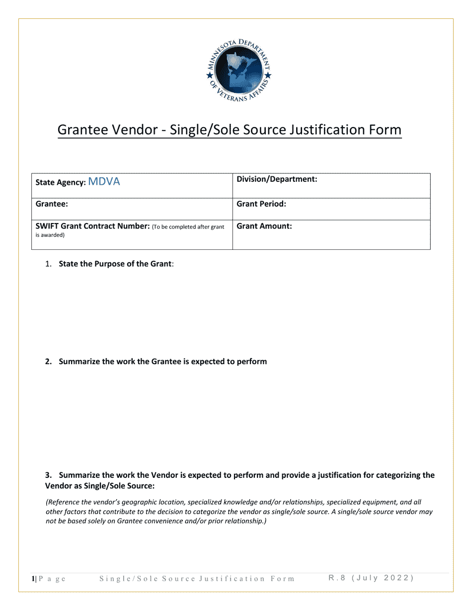 Grantee Vendor - Single / Sole Source Justification Form - Minnesota, Page 1