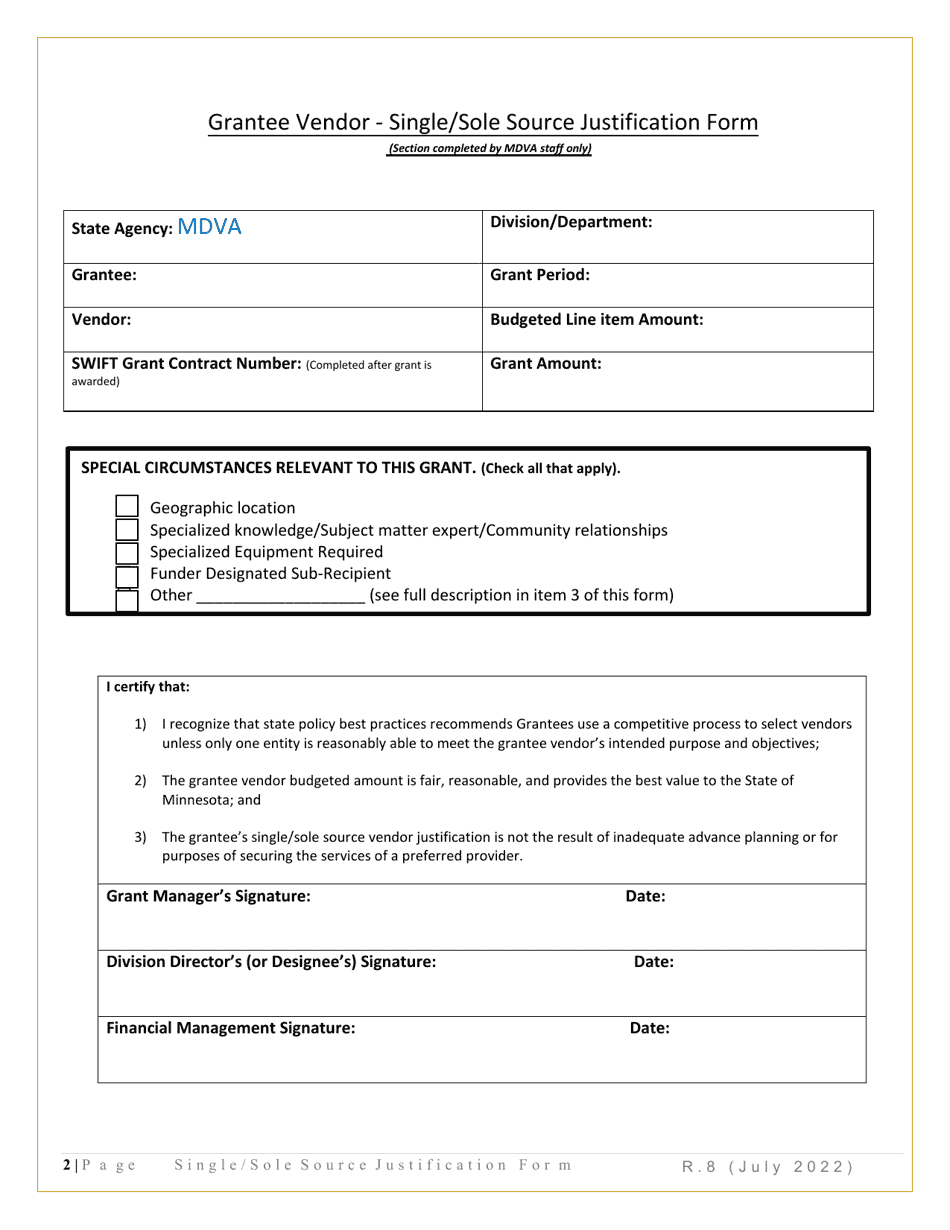 Grantee Vendor - Single / Sole Source Justification Form - Minnesota, Page 2