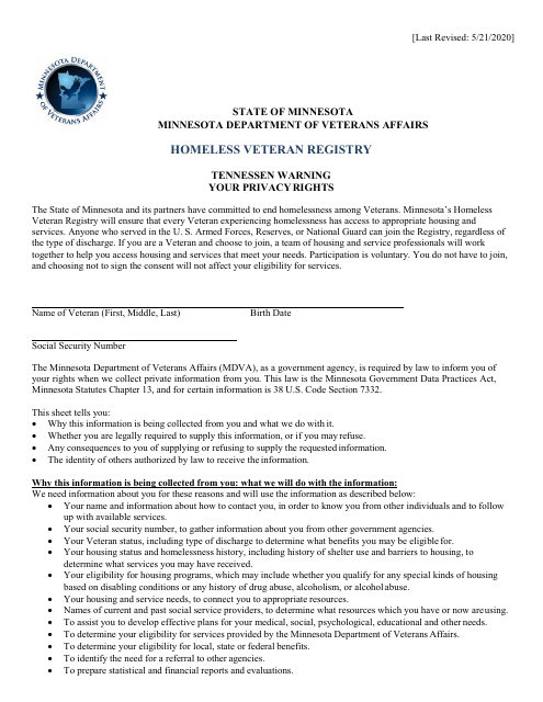 Homeless Veteran Registry Release of Information - Minnesota