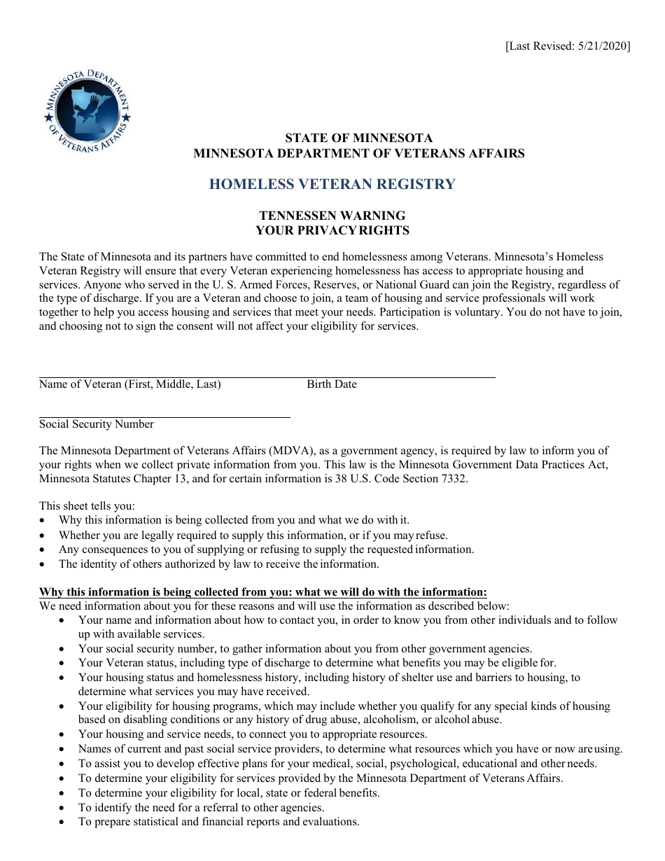 Homeless Veteran Registry Release of Information - Minnesota, Page 1