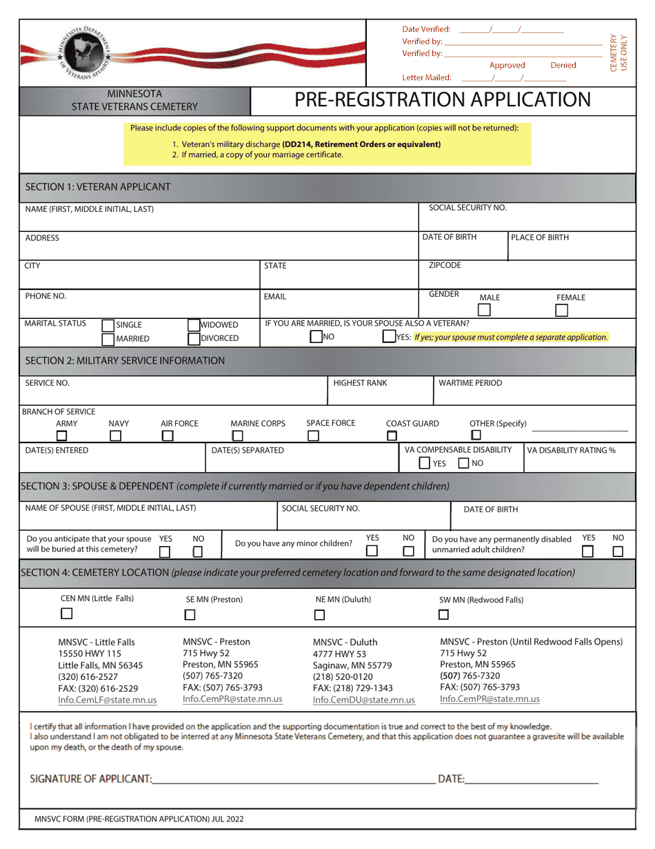 Pre-registration Application - State Veterans Cemetery - Minnesota, Page 1
