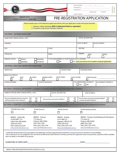 Pre-registration Application - State Veterans Cemetery - Minnesota Download Pdf