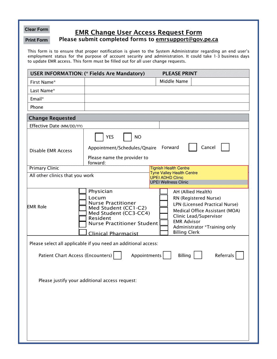 Emr Change User Access Request Form - Prince Edward Island, Canada, Page 1