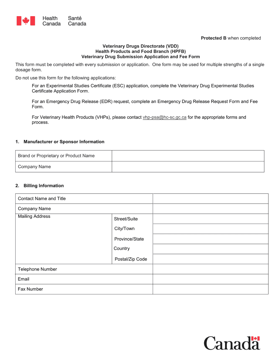 Veterinary Drug Submission Application and Fee Form - Canada, Page 1