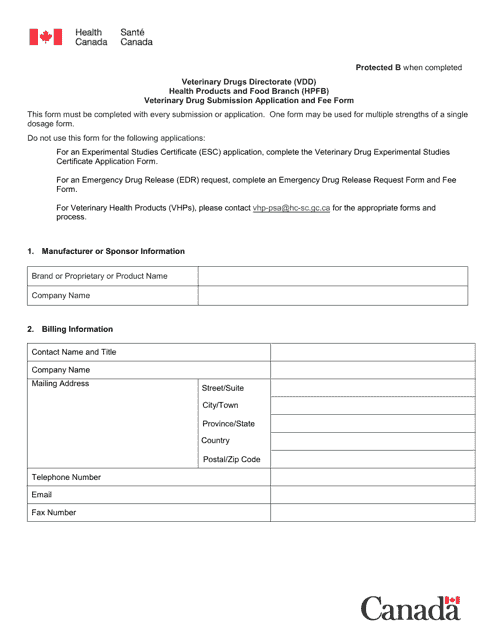 Veterinary Drug Submission Application and Fee Form - Canada Download Pdf
