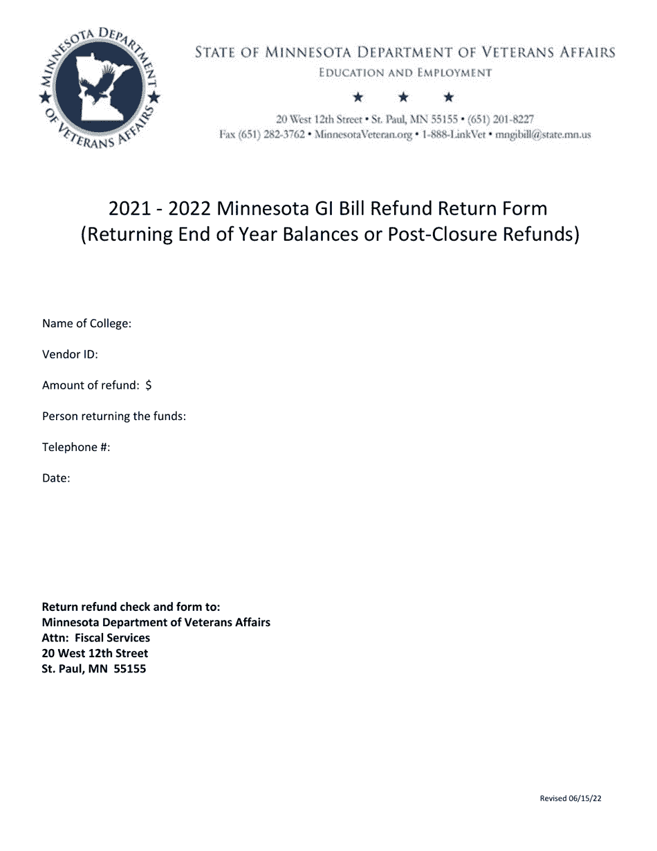 2022 Minnesota Minnesota Gi Bill Refund Return Form Fill Out, Sign Online and Download PDF