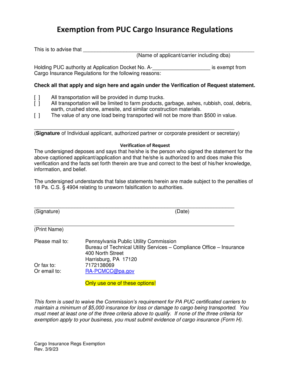 Exemption From Puc Cargo Insurance Regulations - Pennsylvania, Page 1