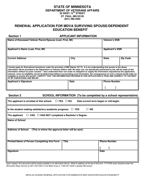 Form MDVA-3A Renewal Application for Mdva Surviving Spouse/Dependent Education Benefit - Minnesota