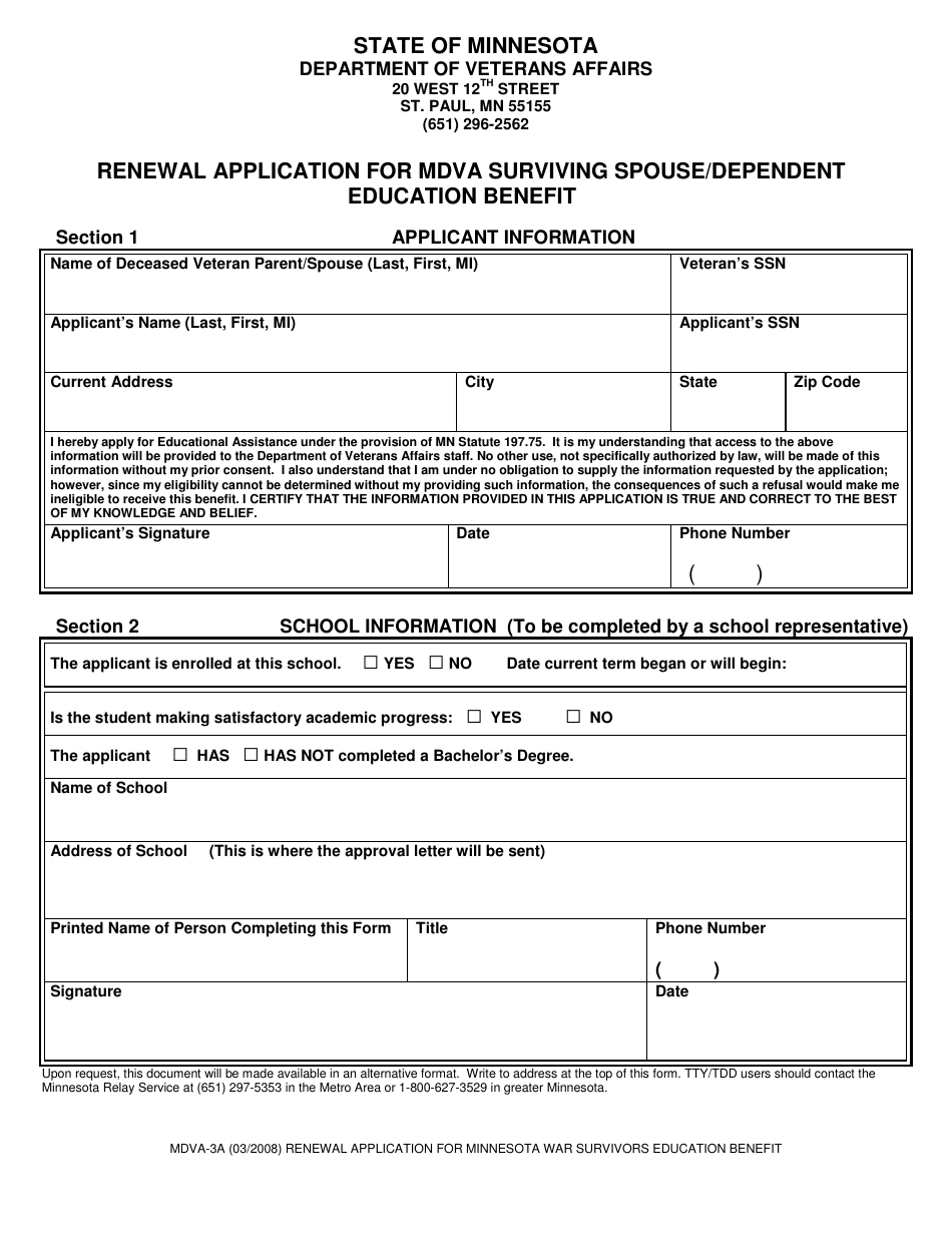 Form MDVA-3A Renewal Application for Mdva Surviving Spouse / Dependent Education Benefit - Minnesota, Page 1