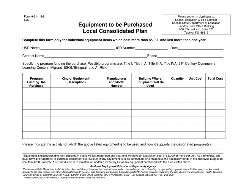 Form 9-311-166 Equipment to Be Purchased Local Consolidated Plan - Kansas