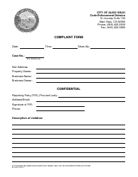 Document preview: Complaint Form - City of Aliso Viejo, California
