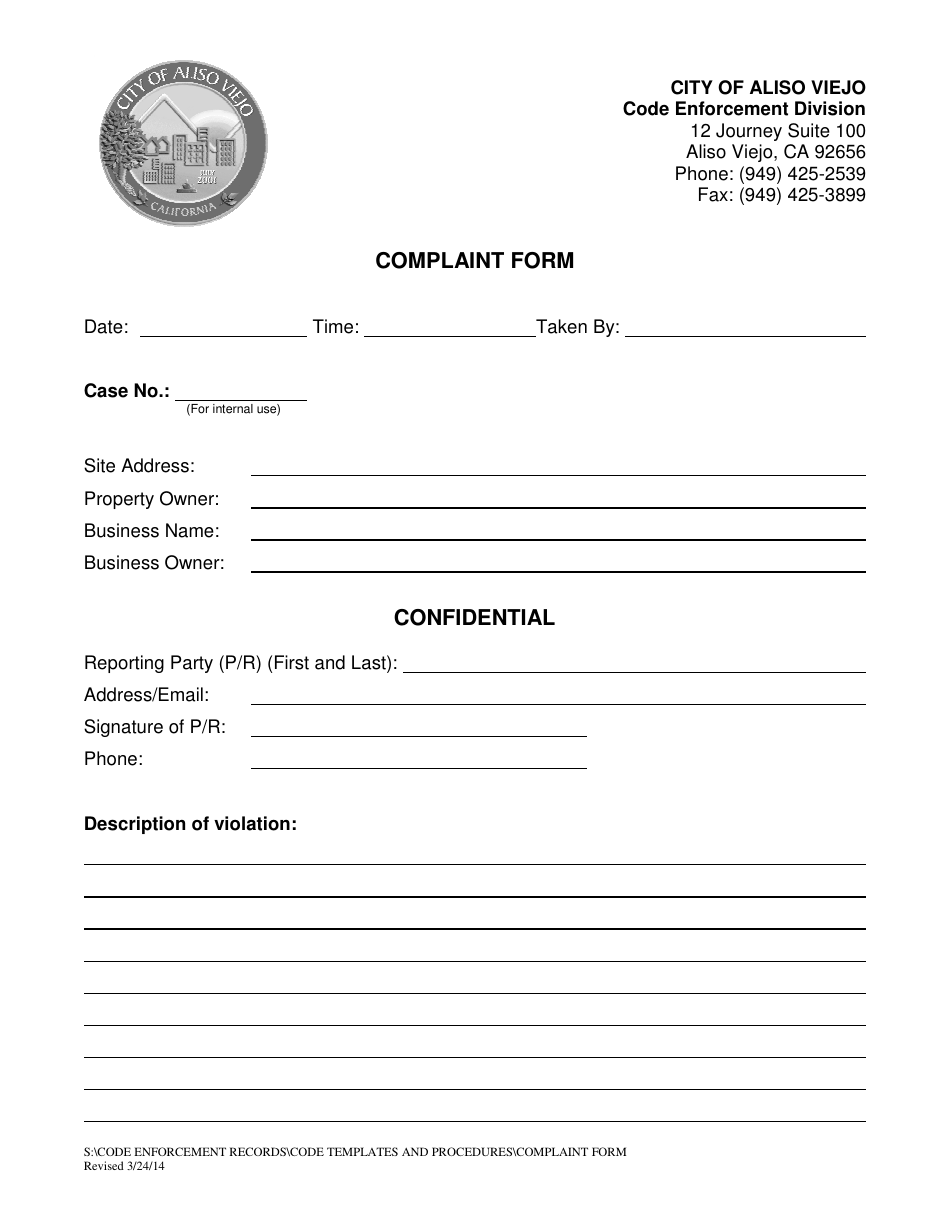 Complaint Form - City of Aliso Viejo, California, Page 1