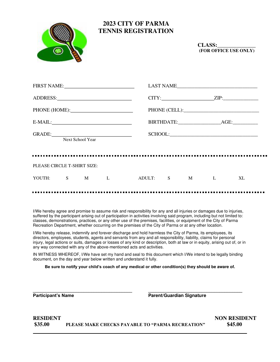 Tennis Registration Form - City of Parma, Ohio, Page 1