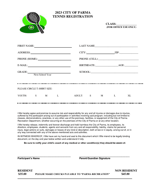 Tennis Registration Form - City of Parma, Ohio Download Pdf