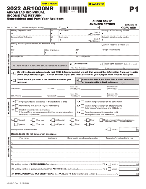 Form AR1000NR Individual Income Tax Return - Nonresident and Part Year Resident - Arkansas, 2022