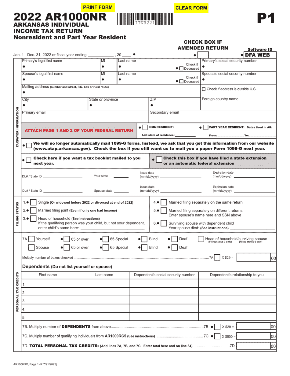 Form AR1000NR Individual Income Tax Return - Nonresident and Part Year Resident - Arkansas, Page 1