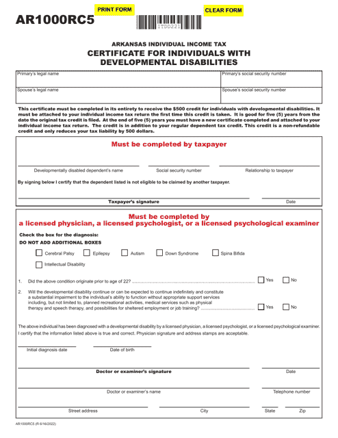 Form AR1000RC5 Certificate for Individuals With Developmental Disabilities - Arkansas