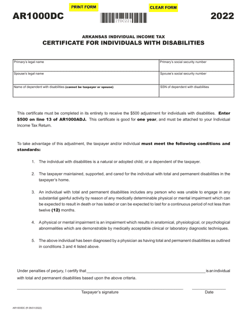 Form AR1000DC Certificate for Individuals With Disabilities - Arkansas, 2022