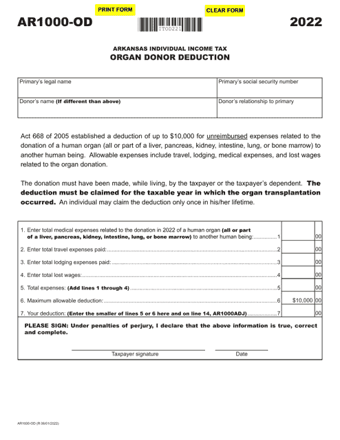 Form AR1000-OD Organ Donor Deduction - Arkansas, 2022