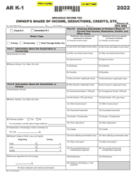 Document preview: Form AR K-1 Owner's Share of Income, Deductions, Credits, Etc. - Arkansas, 2022