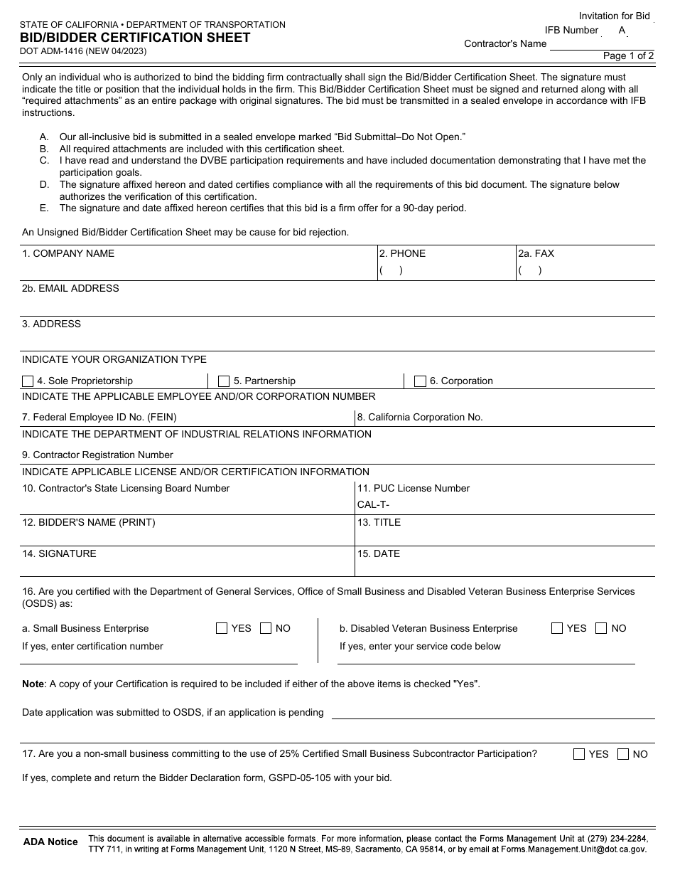 Form DOT ADM-1416 Bid / Bidder Certification Sheet - California, Page 1